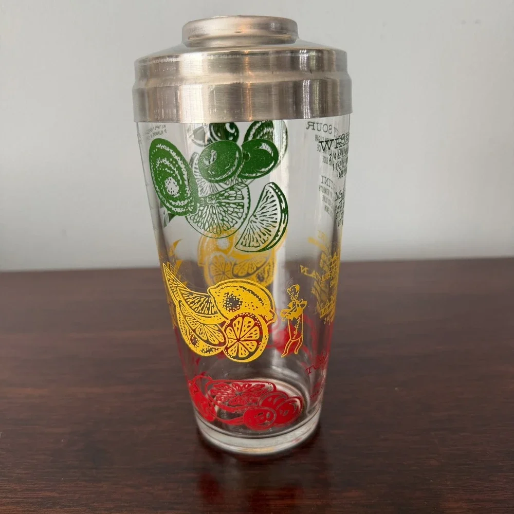 VINTAGE Mr Bartender Cocktail SHAKER w/Recipes - Limes, Lemons, Cherries